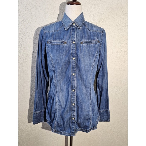 Vtg Edie Bauer Chambray‎ Denim Pearl Snap Long Sleeved Shirt Western Sz M - Picture 1 of 16